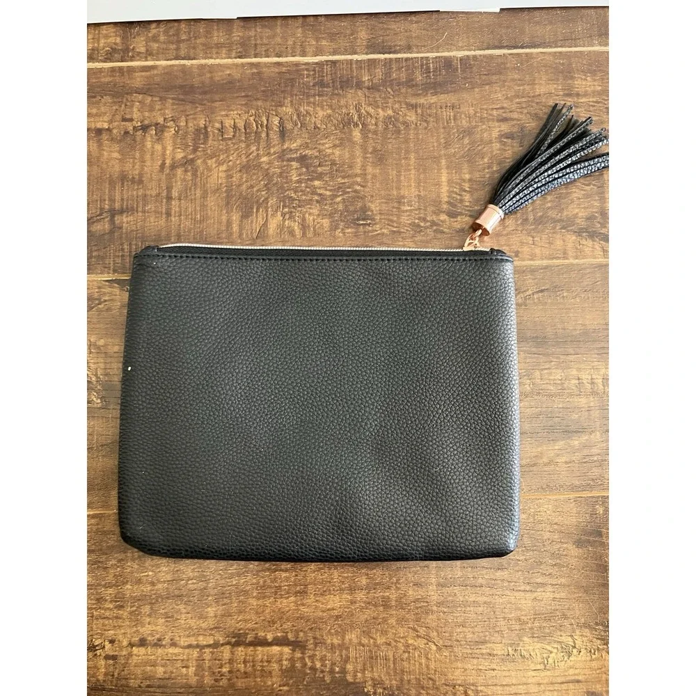 Le Mystère Black Zip Pouch Clutch Rose Gold Tassel Makeup Travel Bag